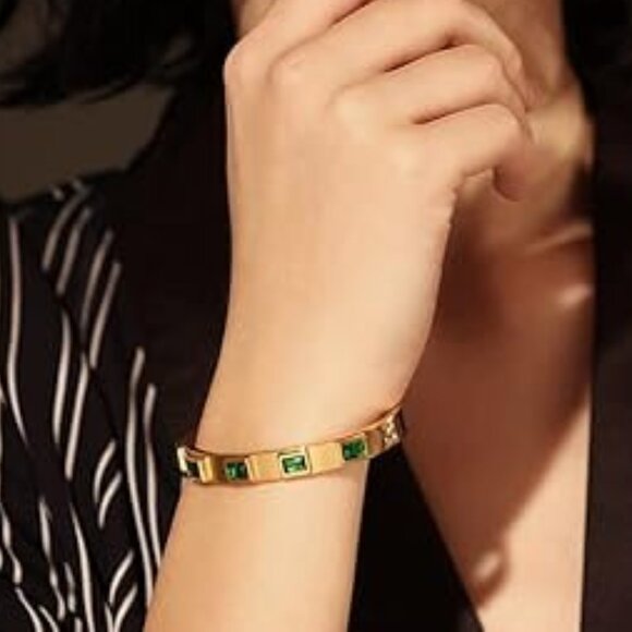 Neiman Marcus 18K Gold Plated Green Emerald Birthstone Bangle Bracelet - Picture 2 of 5